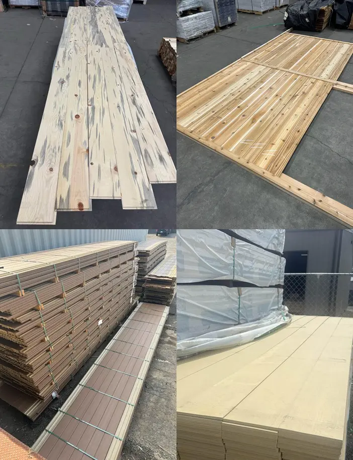 Various types of wooden boards stacked outside.