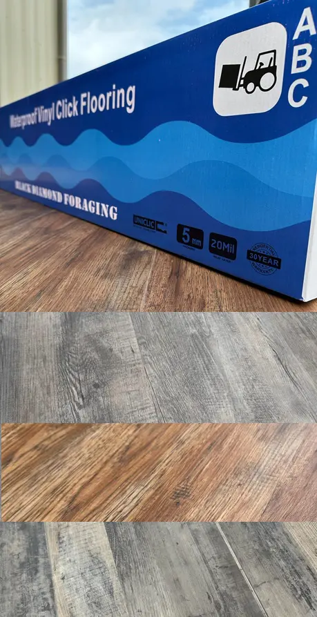 Vinyl click flooring with wood patterns.