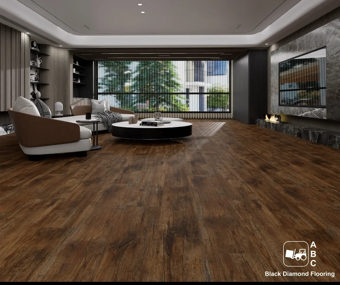 Modern living room with large window and wooden flooring.