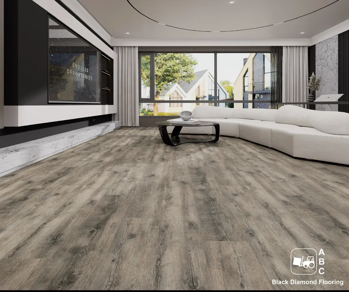 Modern living room with gray wood flooring and white sectional sofa.