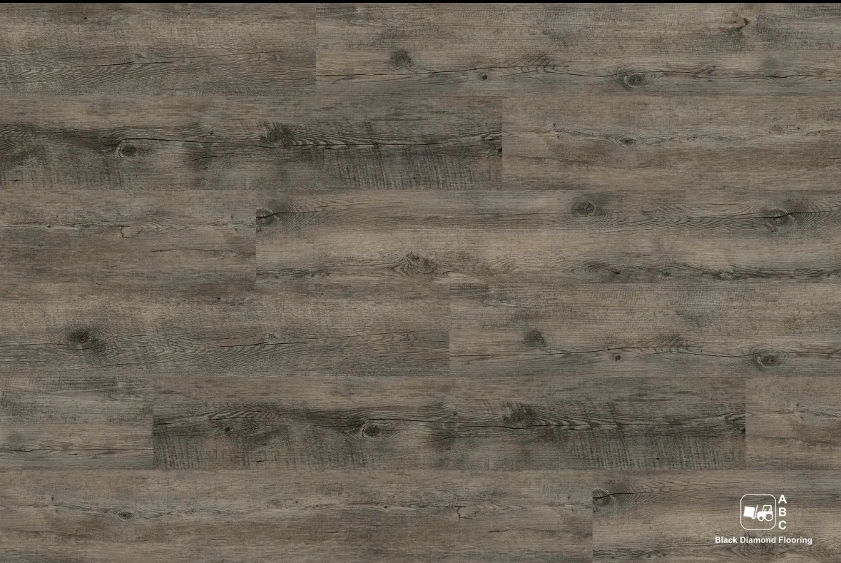 Dark gray wood flooring with a textured grain pattern.