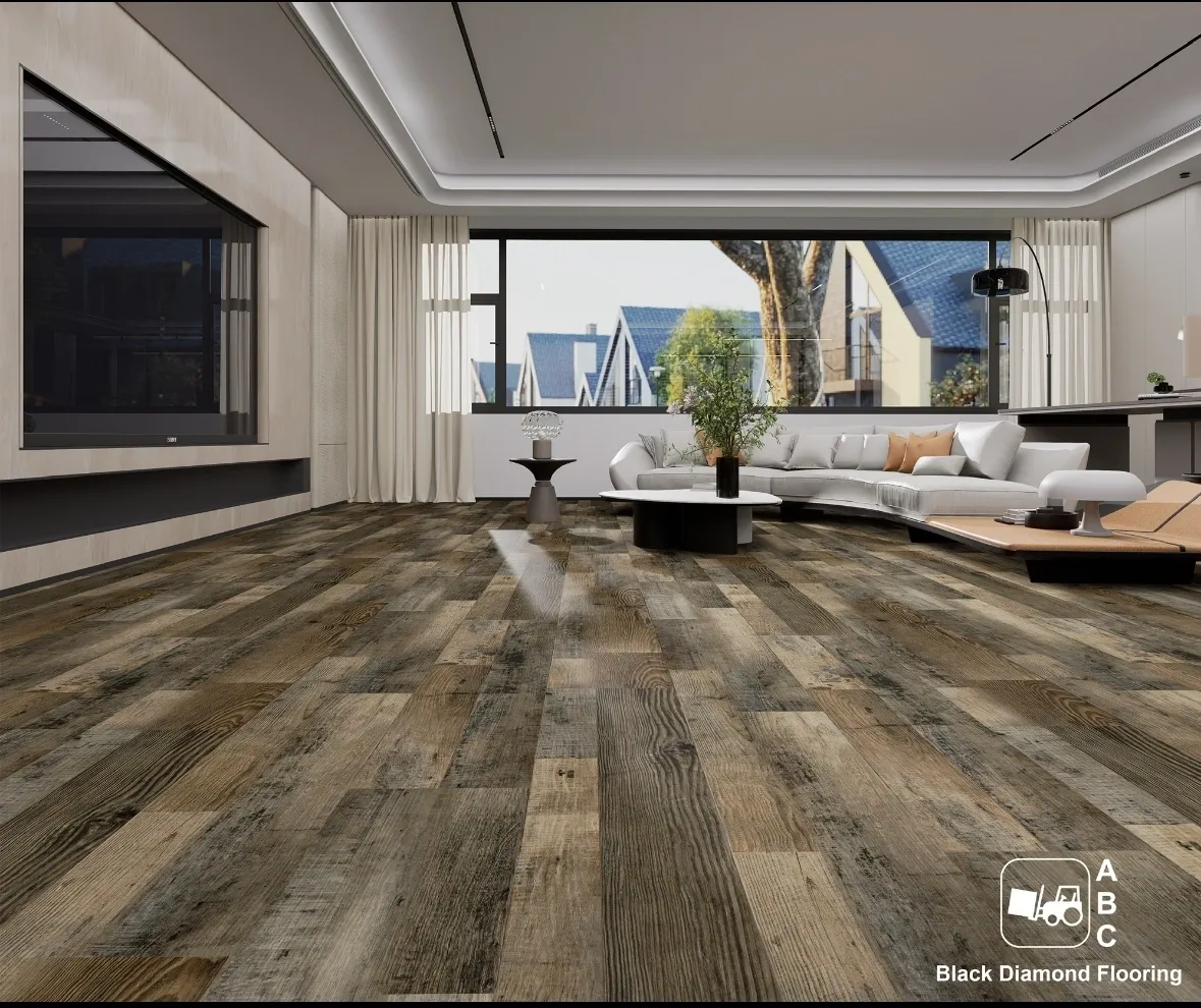 Spacious modern living room with rustic wood flooring and large windows.