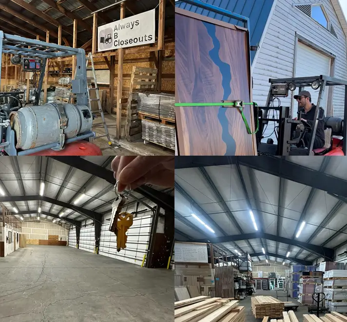 Warehouse interiors and forklift operations.