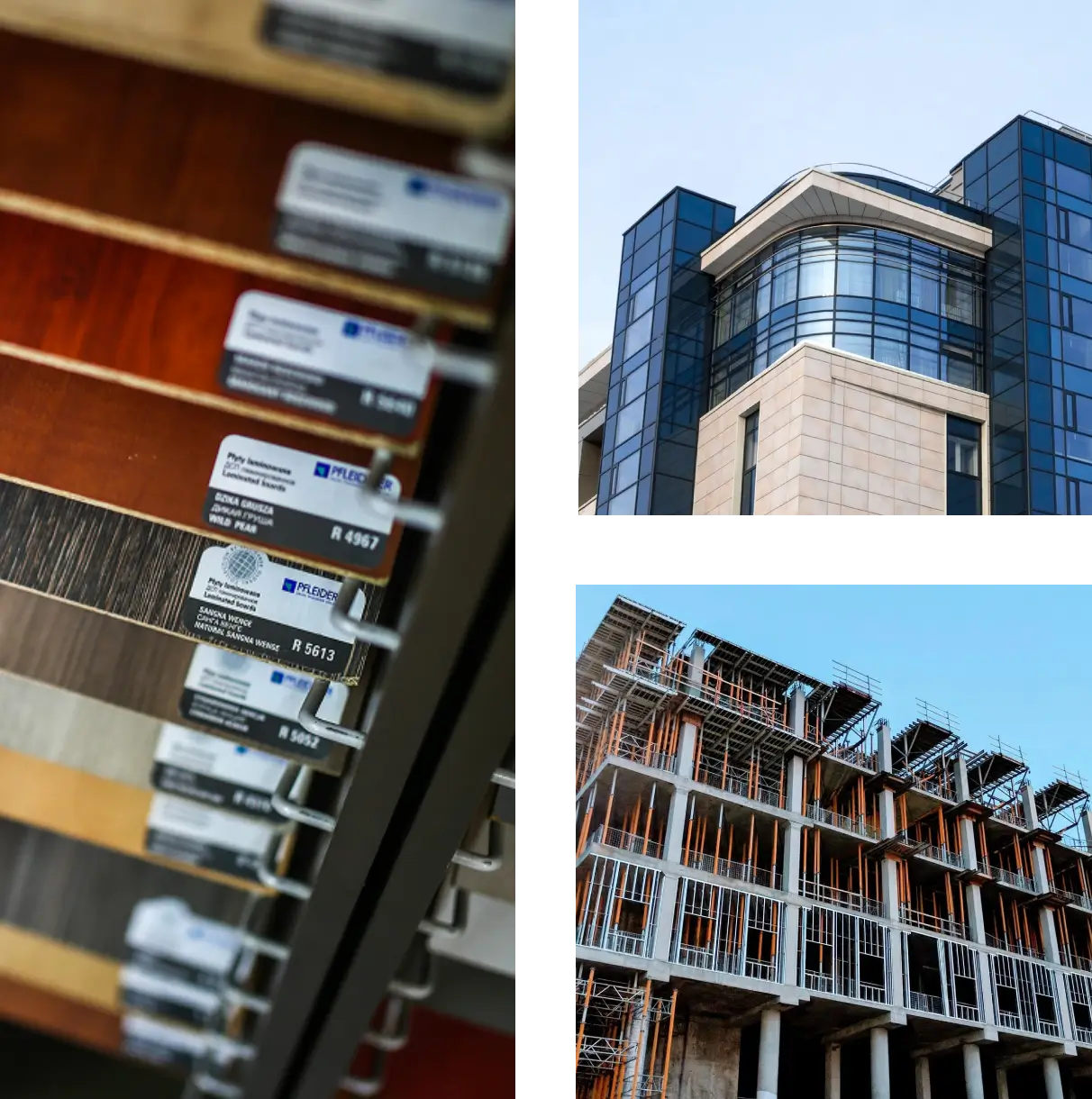 Building materials and construction site images.